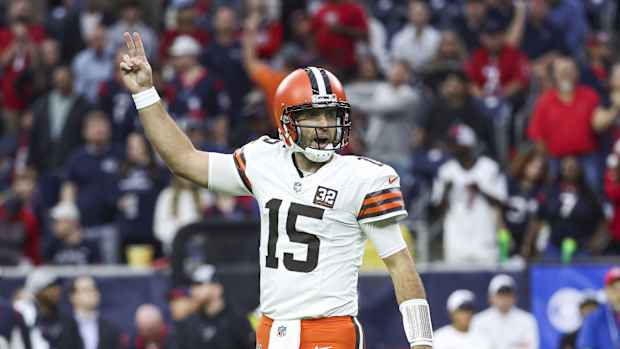 Dec 24, 2023; Houston, Texas, USA; Cleveland Browns quarterback Joe Flacco (15) reacts after a touchdown during the first quarter against the Houston Texans at NRG Stadium. Mandatory Credit: Troy Taormina-USA TODAY Sports